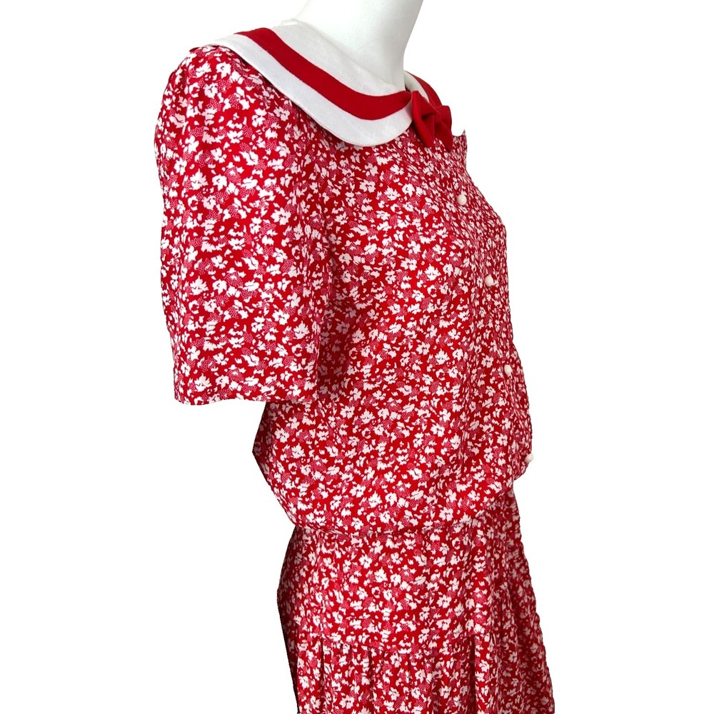 Vintage Patty ONeil Cottagecore Midi Dress M Red Floral Bow Peter Pan Collar EUC - Picture 13 of 14